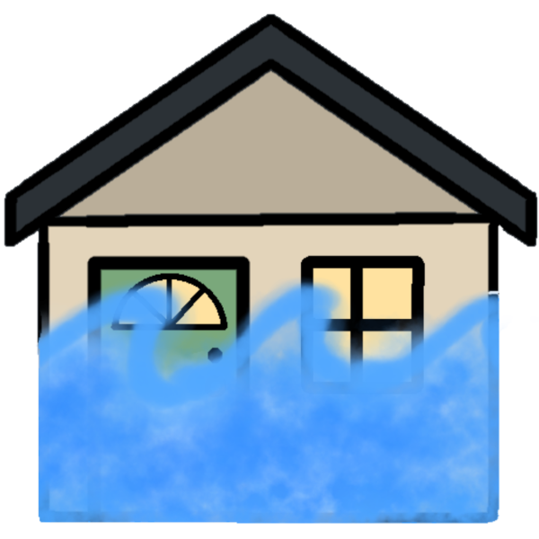 a house with waves of water in front of it.